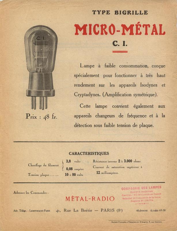 CDL_Metal1925.jpg - Ensemble de fiches techniques de la Compagnie des Lampes Mazda 1925 (Bigrille CI) - mars 1930 (BW3)