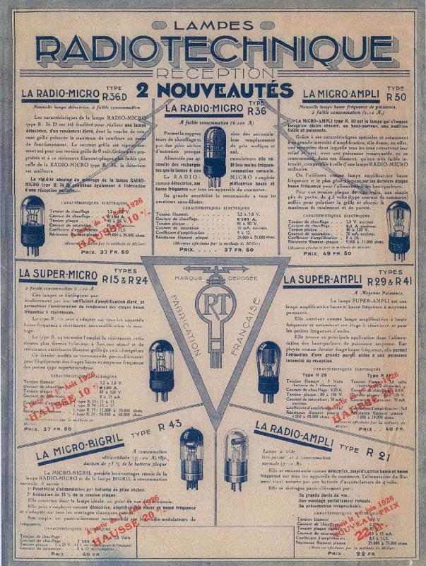 RT1926_Tarif.jpg - Feuille tarif de la Radiotechnique de début 1926