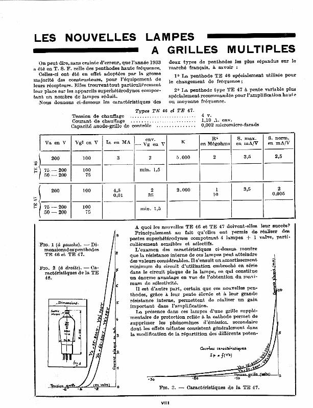 VIII.jpg - Insert technique de La Radiotechnique (groupe Philips) sur le nouvelles penthodes TE46 à pente fixe et TE47 à pente variable